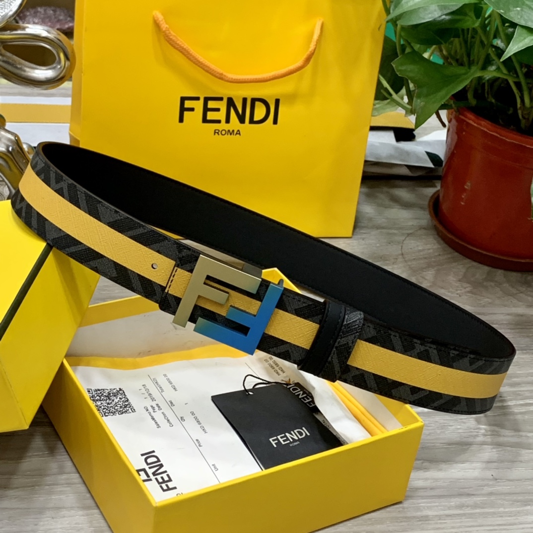 FENDI芬迪专柜同款宽4.0CM双环正反用腰带FF按钉搭扣黑色CuoioRomano皮革材质反面面料带