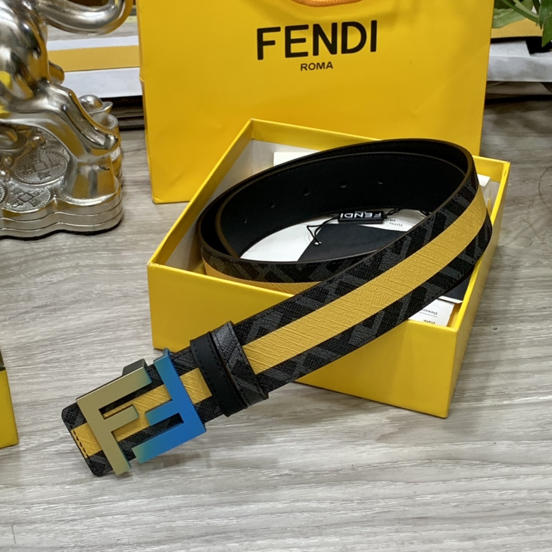 FENDI芬迪专柜同款宽4.0CM双环正反用腰带FF按钉搭扣黑色CuoioRomano皮革材质反面面料带