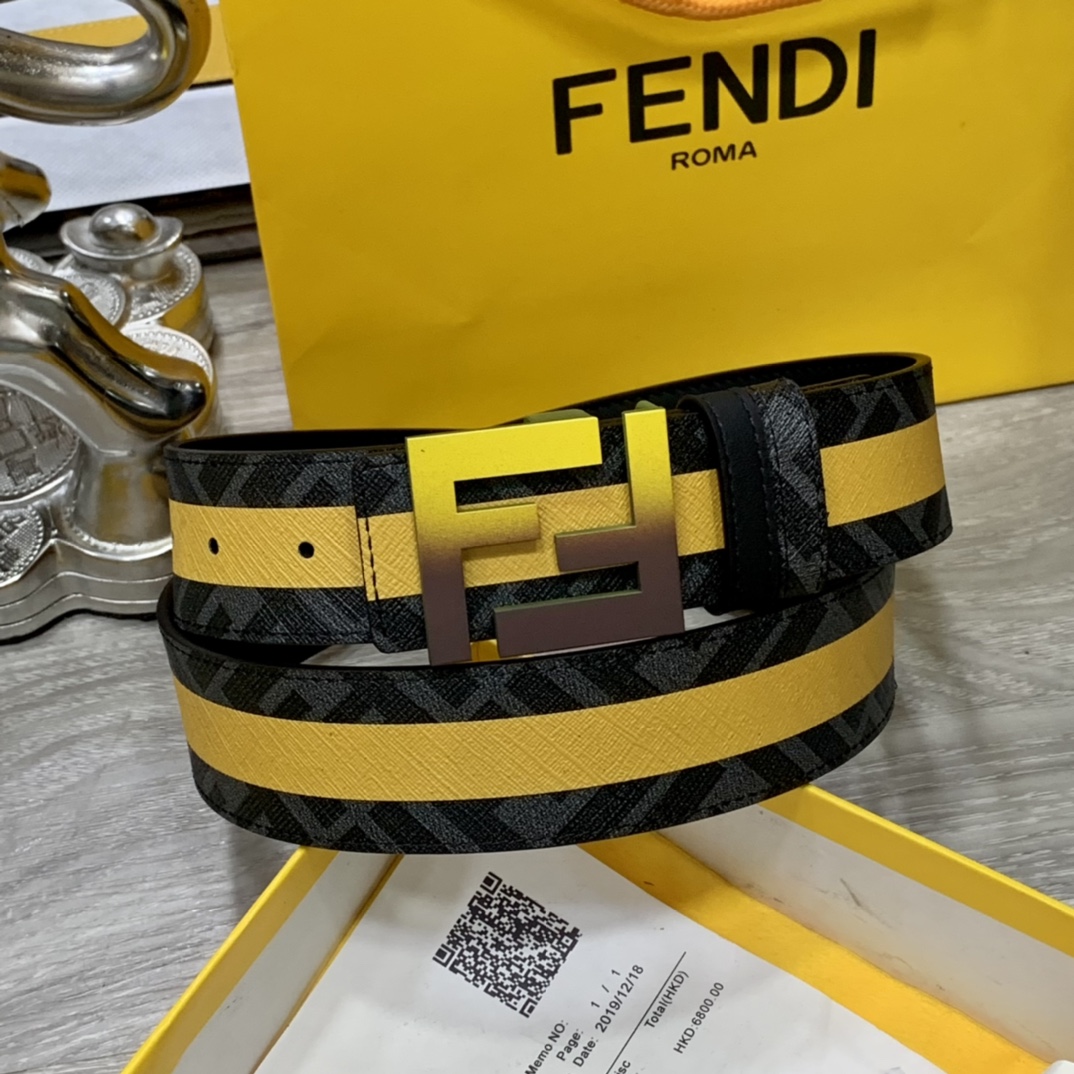 FENDI芬迪专柜同款宽4.0CM双环正反用腰带FF按钉搭扣黑色CuoioRomano皮革材质反面面料带