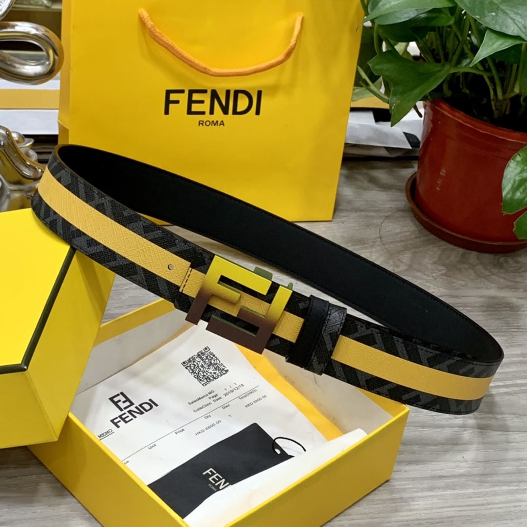 FENDI芬迪专柜同款宽4.0CM双环正反用腰带FF按钉搭扣黑色CuoioRomano皮革材质反面面料带