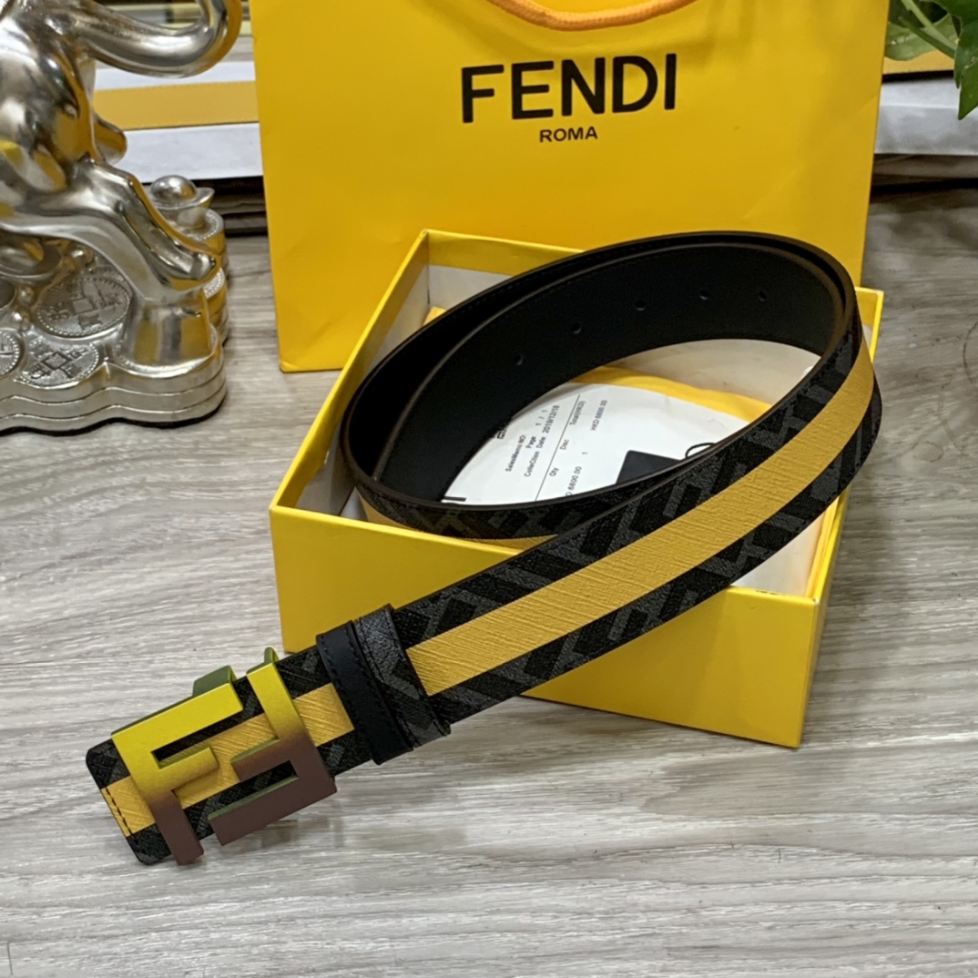 FENDI芬迪专柜同款宽4.0CM双环正反用腰带FF按钉搭扣黑色CuoioRomano皮革材质反面面料带