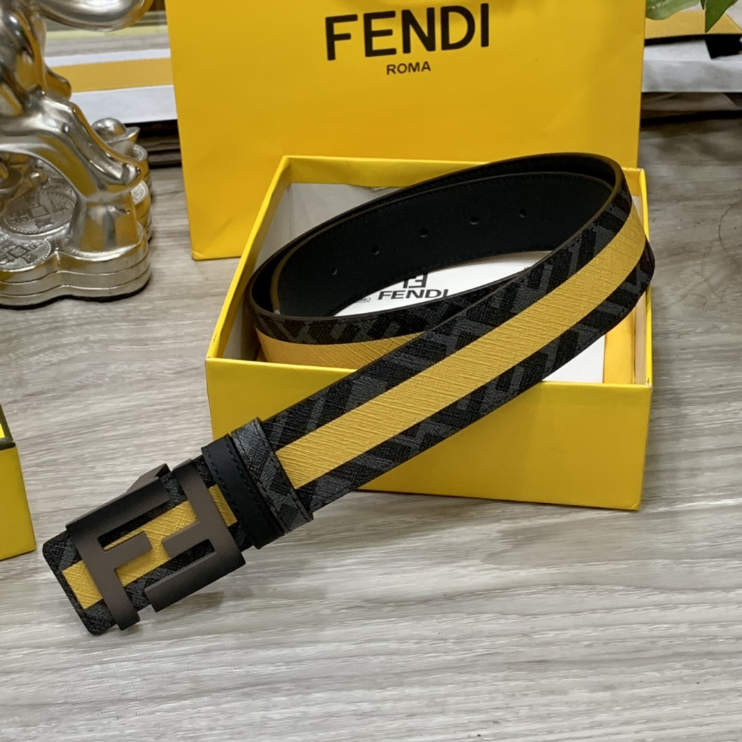 FENDI芬迪专柜同款宽4.0CM双环正反用腰带FF按钉搭扣黑色CuoioRomano皮革材质反面面料带