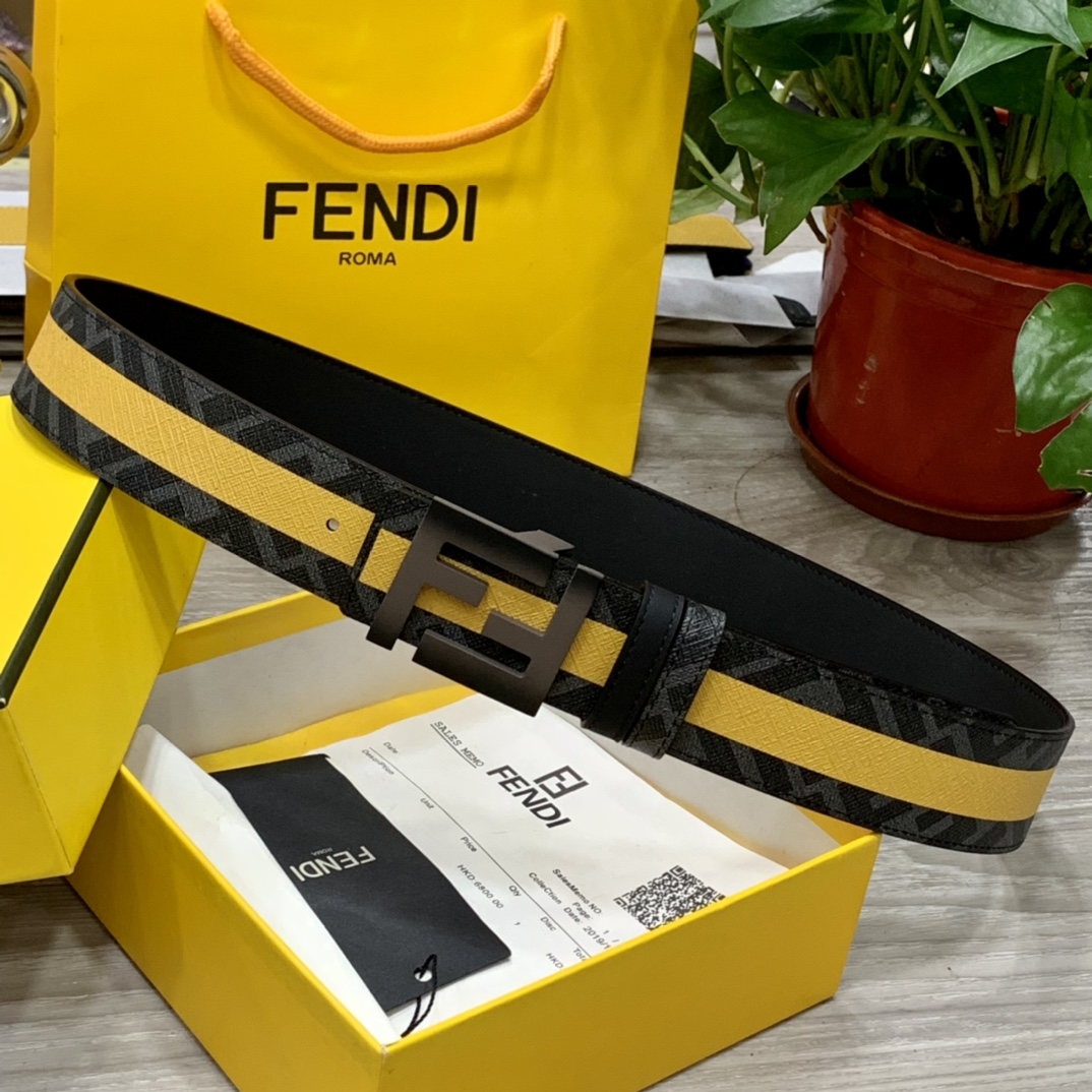 FENDI芬迪专柜同款宽4.0CM双环正反用腰带FF按钉搭扣黑色CuoioRomano皮革材质反面面料带