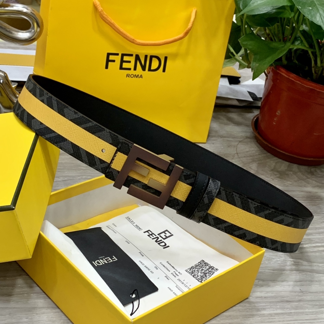 FENDI芬迪专柜同款宽4.0CM双环正反用腰带FF按钉搭扣黑色CuoioRomano皮革材质反面面料带