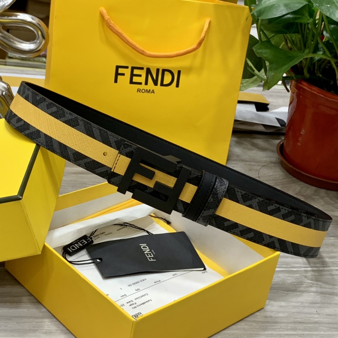 FENDI芬迪专柜同款宽4.0CM双环正反用腰带FF按钉搭扣黑色CuoioRomano皮革材质反面面料带