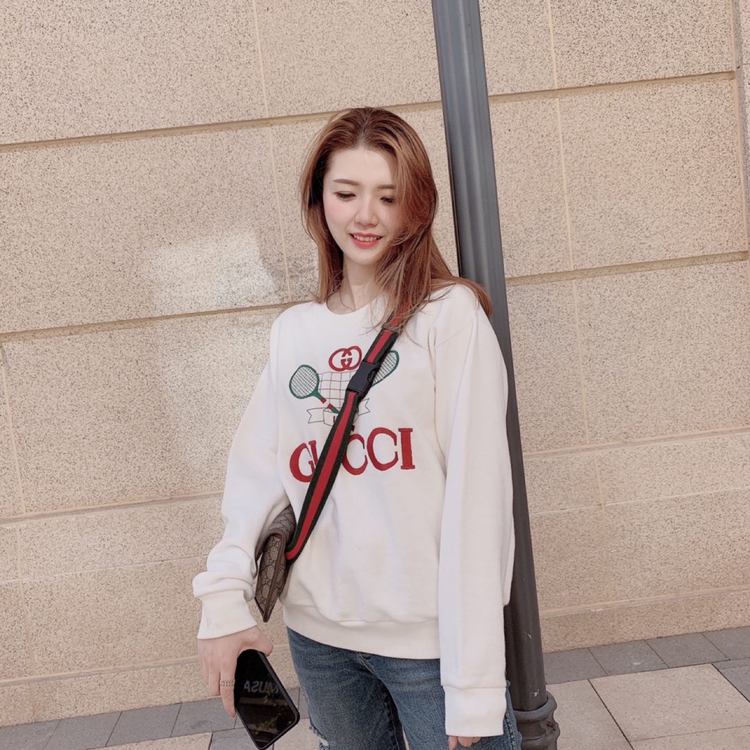#上身实拍# GUCCI/古驰 网球拍超大造型刺绣圆领卫衣