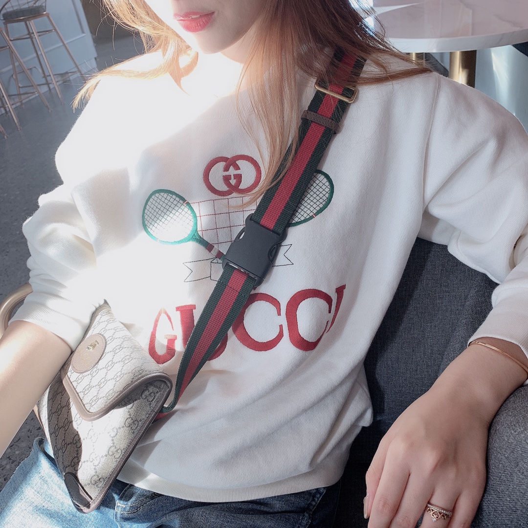 #上身实拍# GUCCI/古驰 网球拍超大造型刺绣圆领卫衣