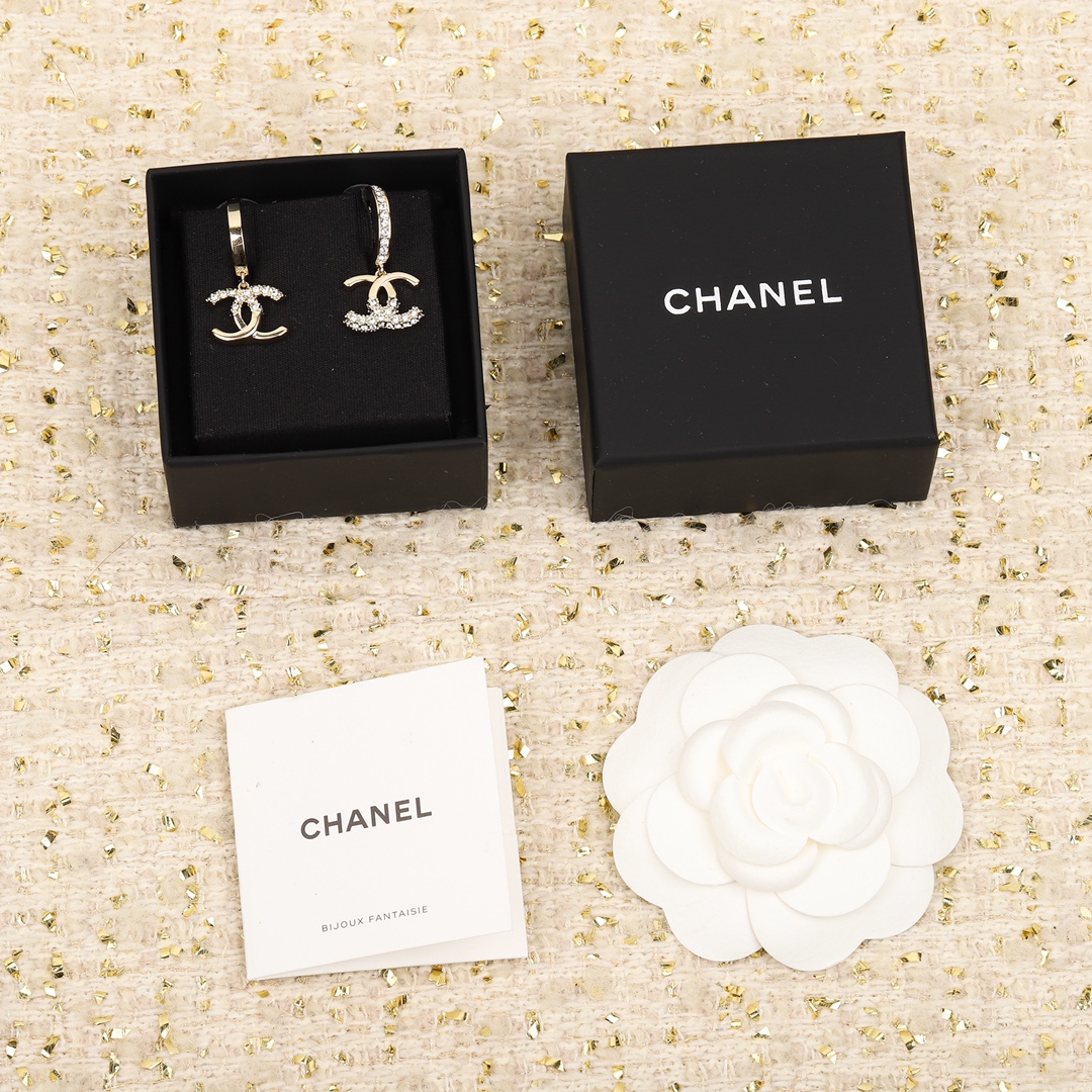 CHANEL Earrings Double C Brass Crystal Stud Earrings