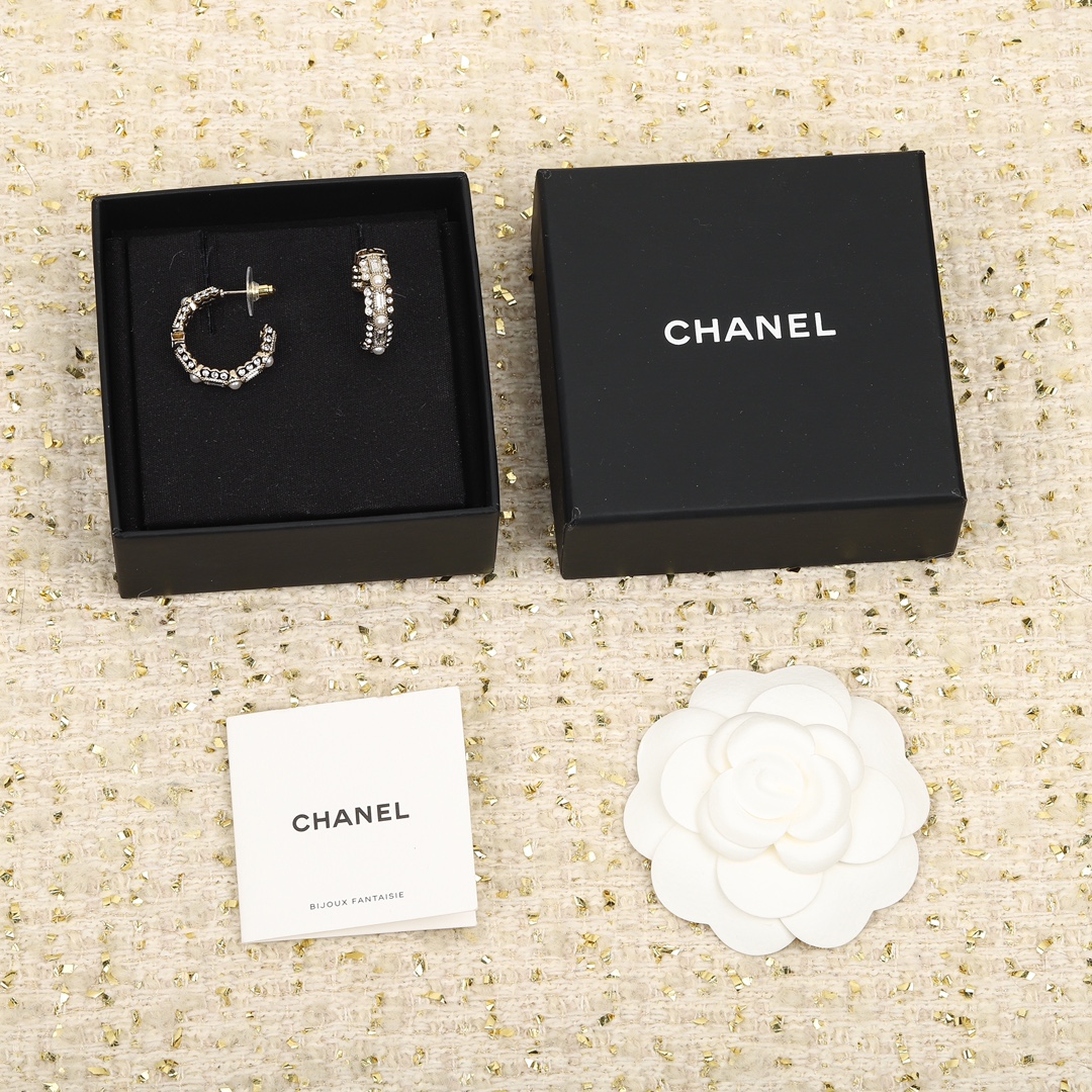 CHANEL Earrings Rhinestone-Trimmed Hoop
