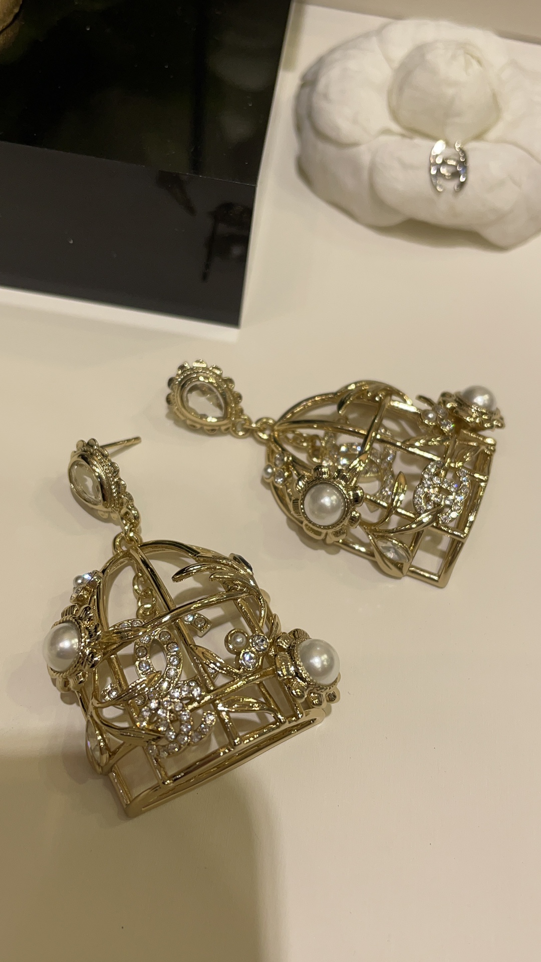 CHANEL Earrings Birdcage Double C Pearl Rhinestone Gold
