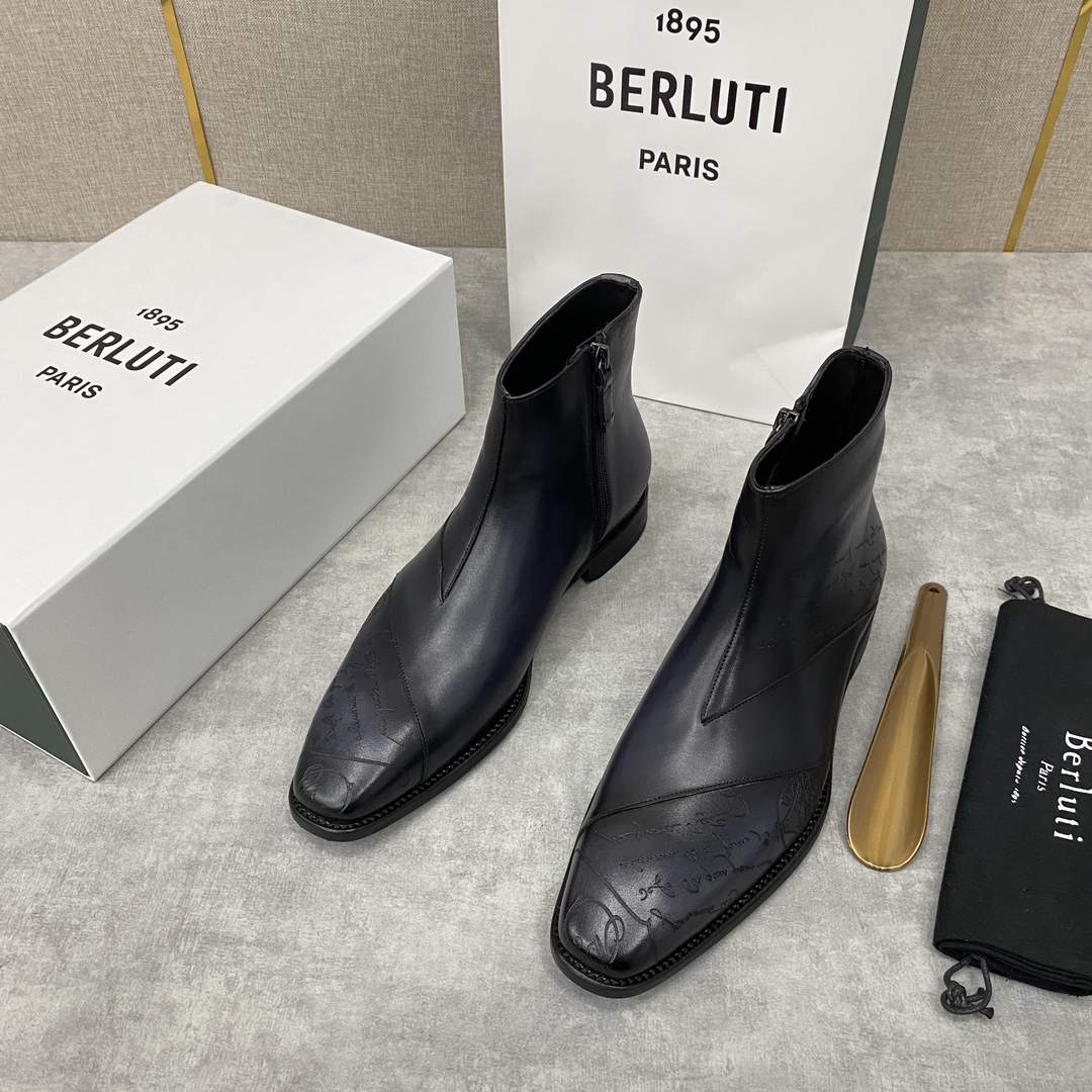 Berlut*布鲁提新品Scritto图纹切尔西皮靴固特异手工暗缝工艺靴子柔软而有弹性Galet楦型这个