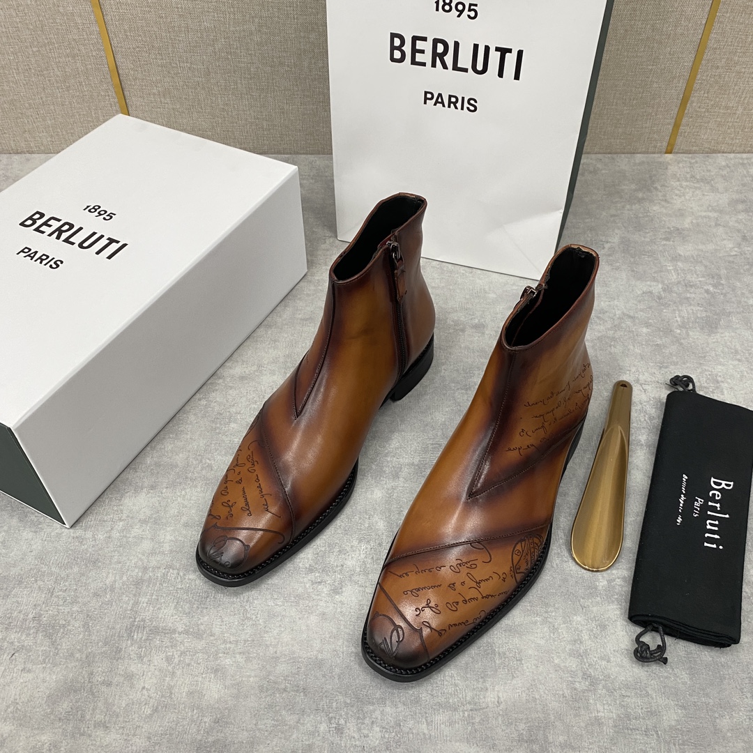 Berlut*布鲁提新品Scritto图纹切尔西皮靴固特异手工暗缝工艺靴子柔软而有弹性Galet楦型这个