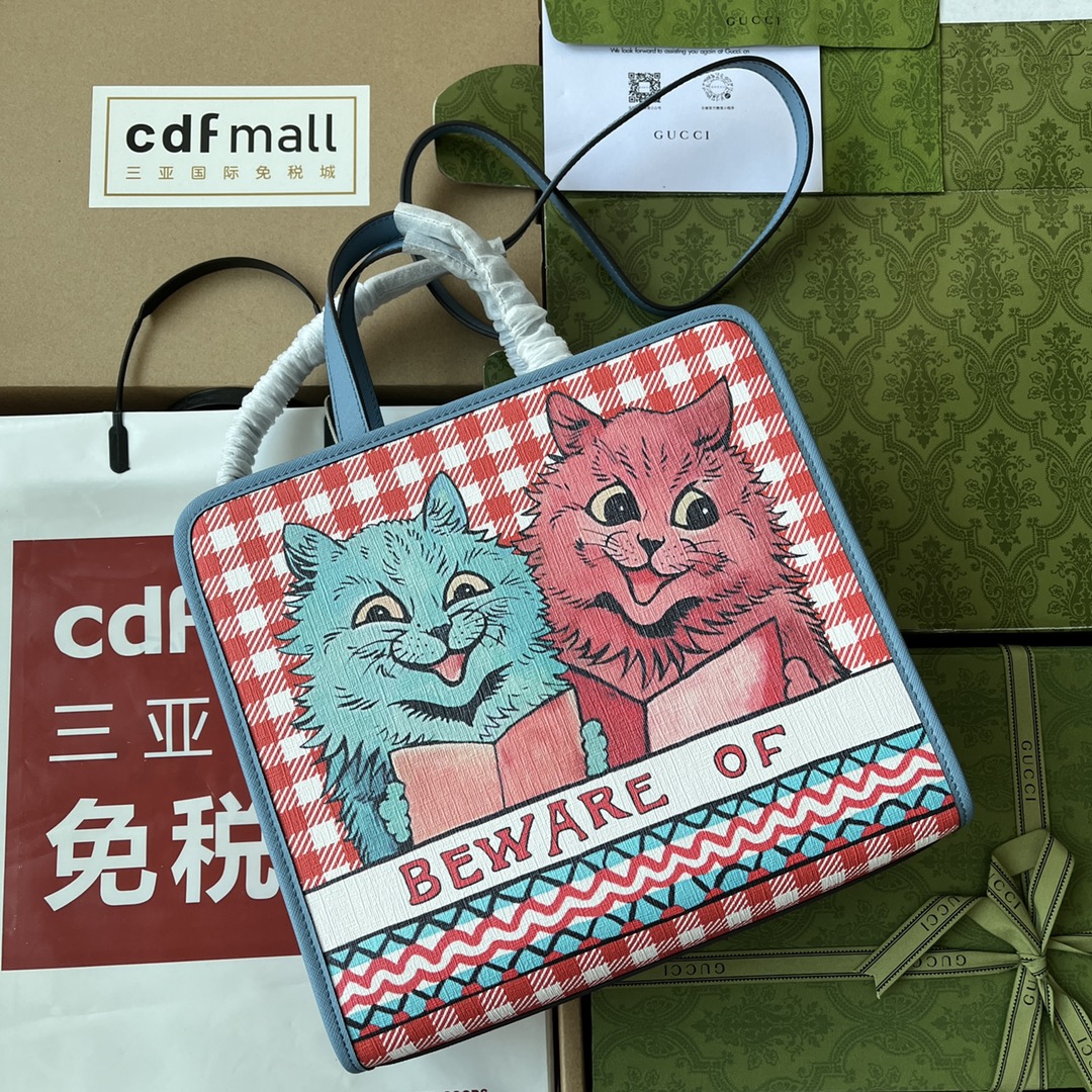 GUCCI Kids Tote Bag Shopping Bag Cat Pattern Trim