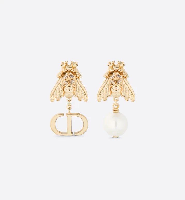 Dior D-Bee Asymmetrical Earrings, Gold Finish Metal, Amber Crystal and Pearl