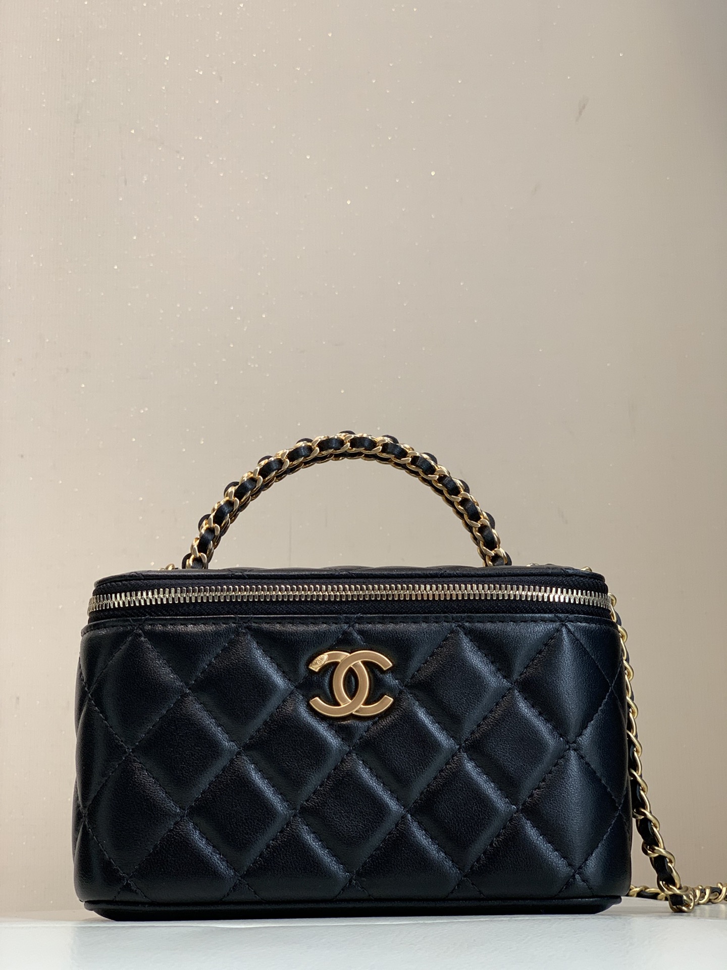 CHANEL nieuwe handgreep box bag, ruitpatroon lamsleer, stevige vorm, lippenstiftvak, Italiaans kanaal, origineel leer - topkwaliteit