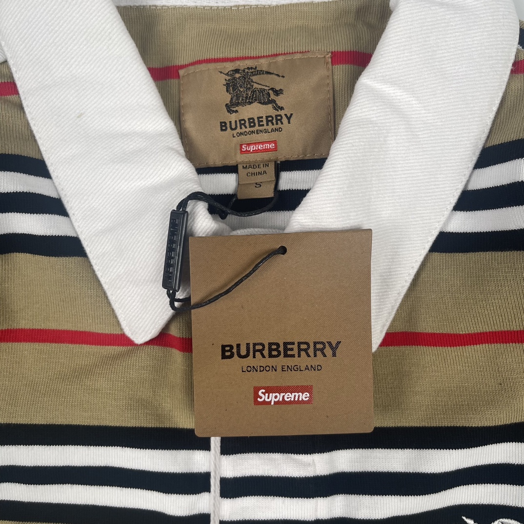 300 SUPREME X BURBERRY联名 22FW 战马刺绣条纹POLO长袖