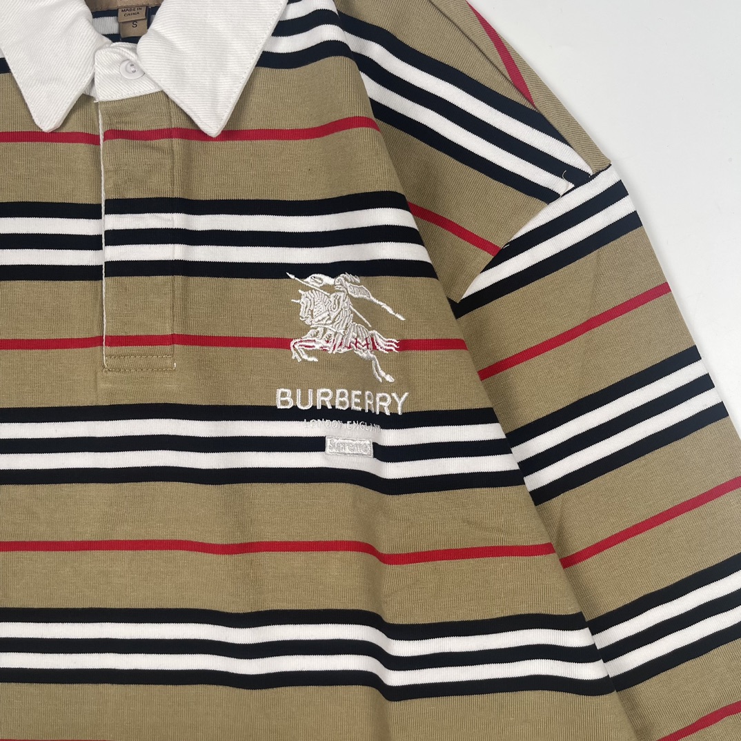 300 SUPREME X BURBERRY联名 22FW 战马刺绣条纹POLO长袖