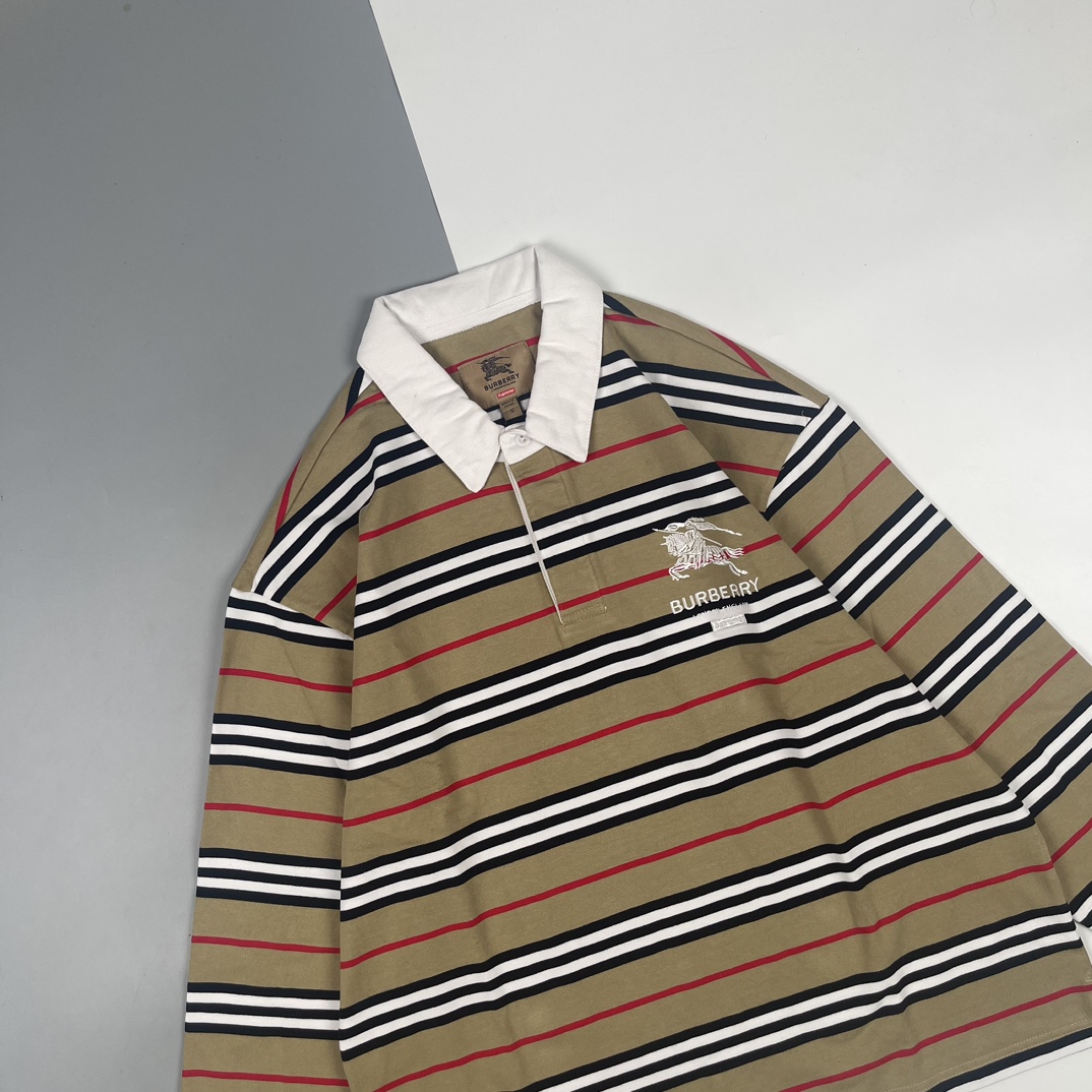 300 SUPREME X BURBERRY联名 22FW 战马刺绣条纹POLO长袖