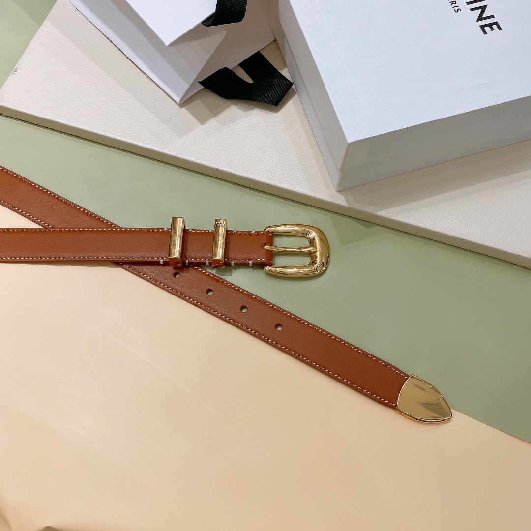 [Celine Belts]2.5cm Cline smooth cowhide leather with ELEGANT belt. Gold. Sil