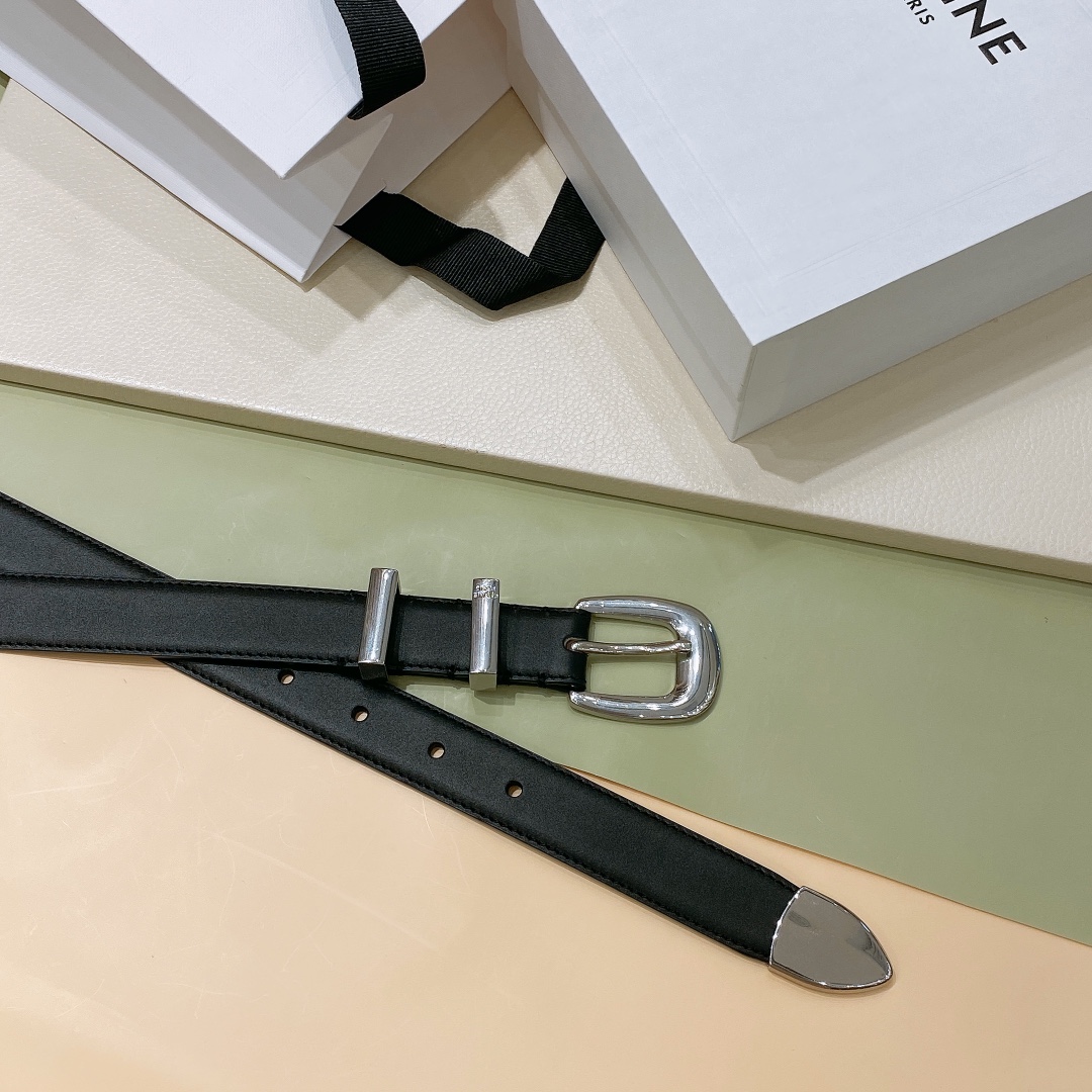 [Celine Belts]2.5cm Cline smooth cowhide leather with ELEGANT belt. Gold. Sil