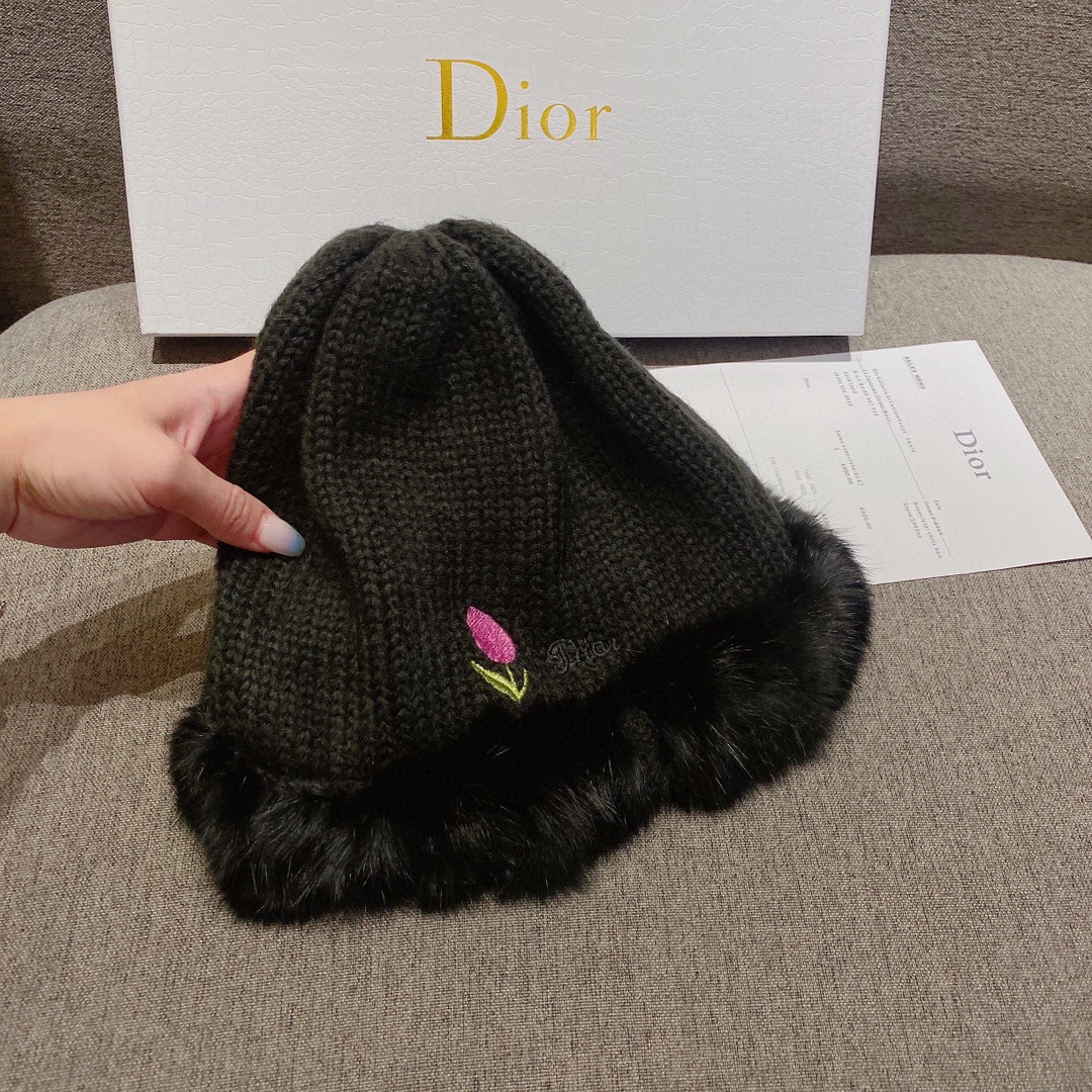 Dior Hats Knitted Hat Black White Knitting Rabbit Hair Fall/Winter Collection