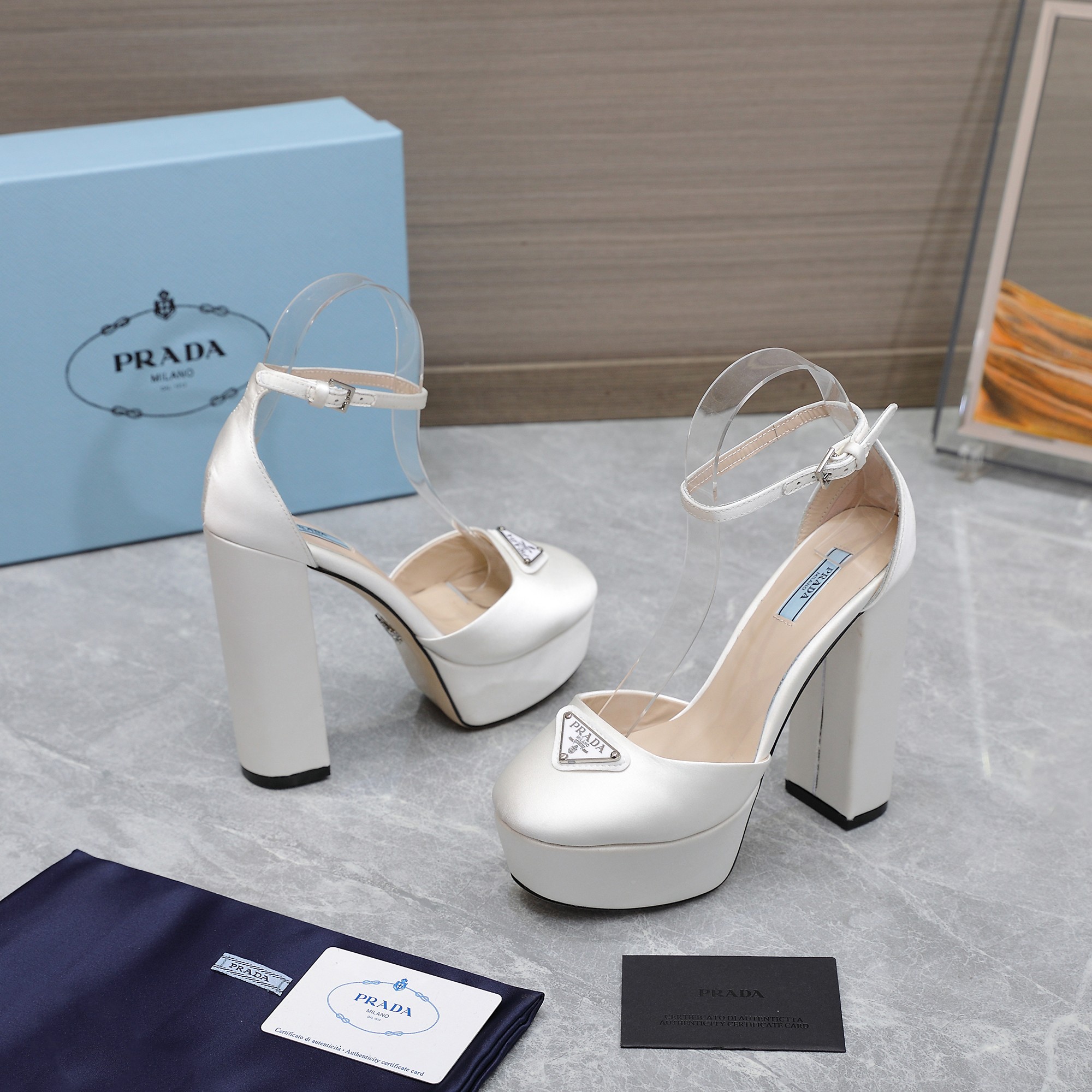 Prada Women's Platform Heel Sandals Silk Satin White Ankle Strap Pumps 7 a1669998883031 6782