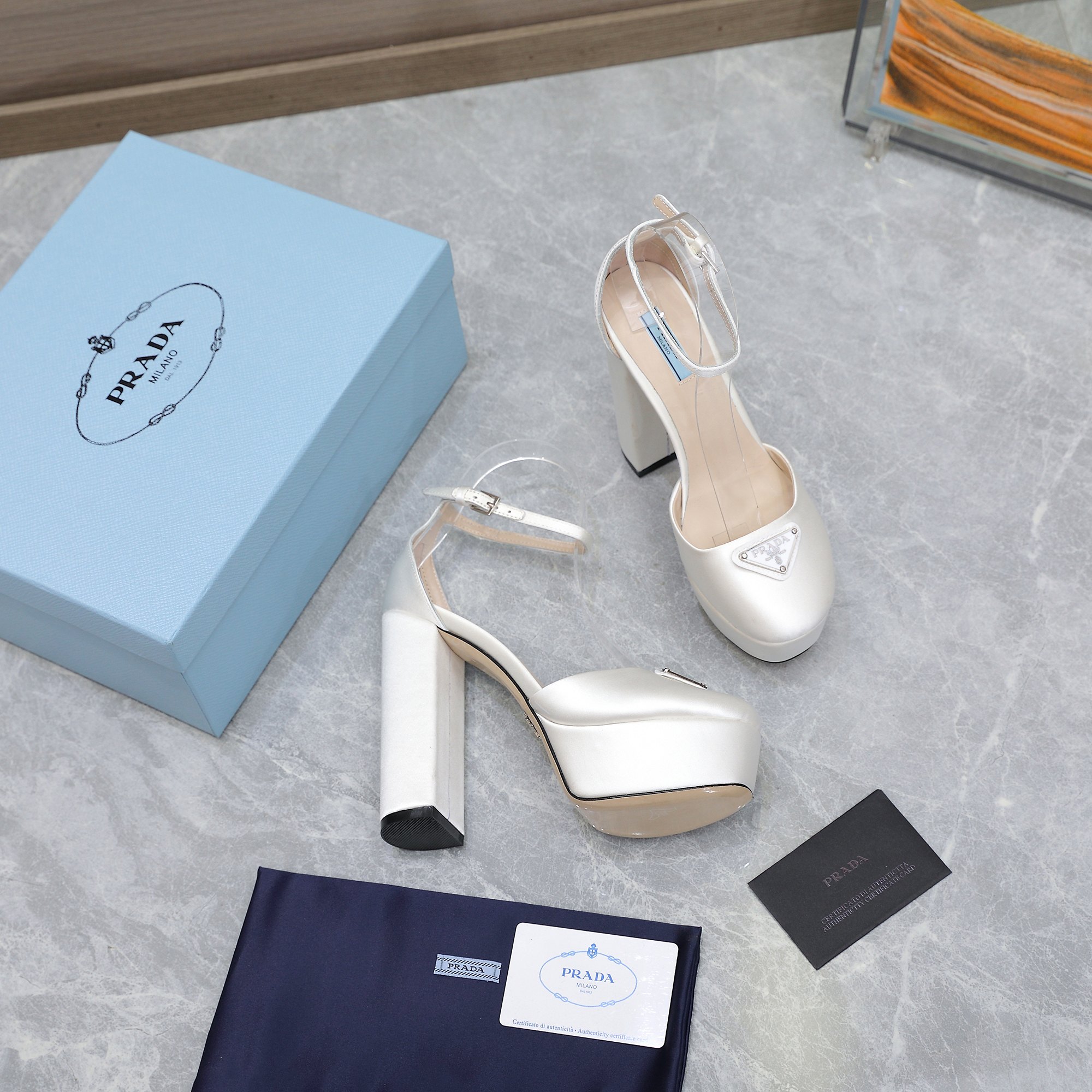 Prada Women's Platform Heel Sandals Silk Satin White Ankle Strap Pumps 9 a1669998883326 7325