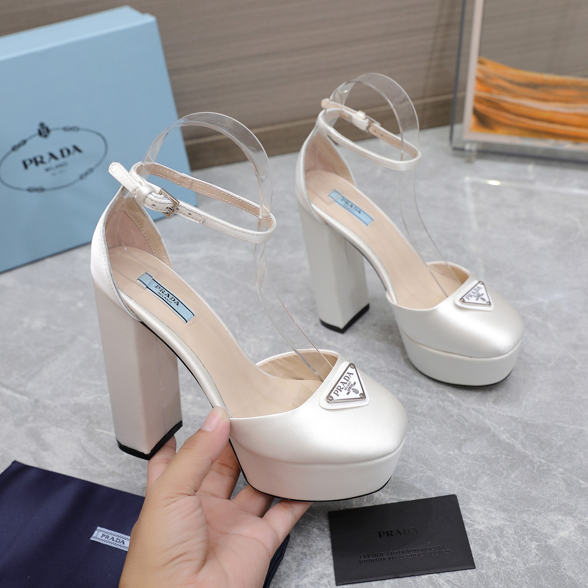Prada Women's Platform Heel Sandals Silk Satin White Ankle Strap Pumps 1 Prada Women's Platform Heel Sandals Silk Satin White Ankle Strap Pumps