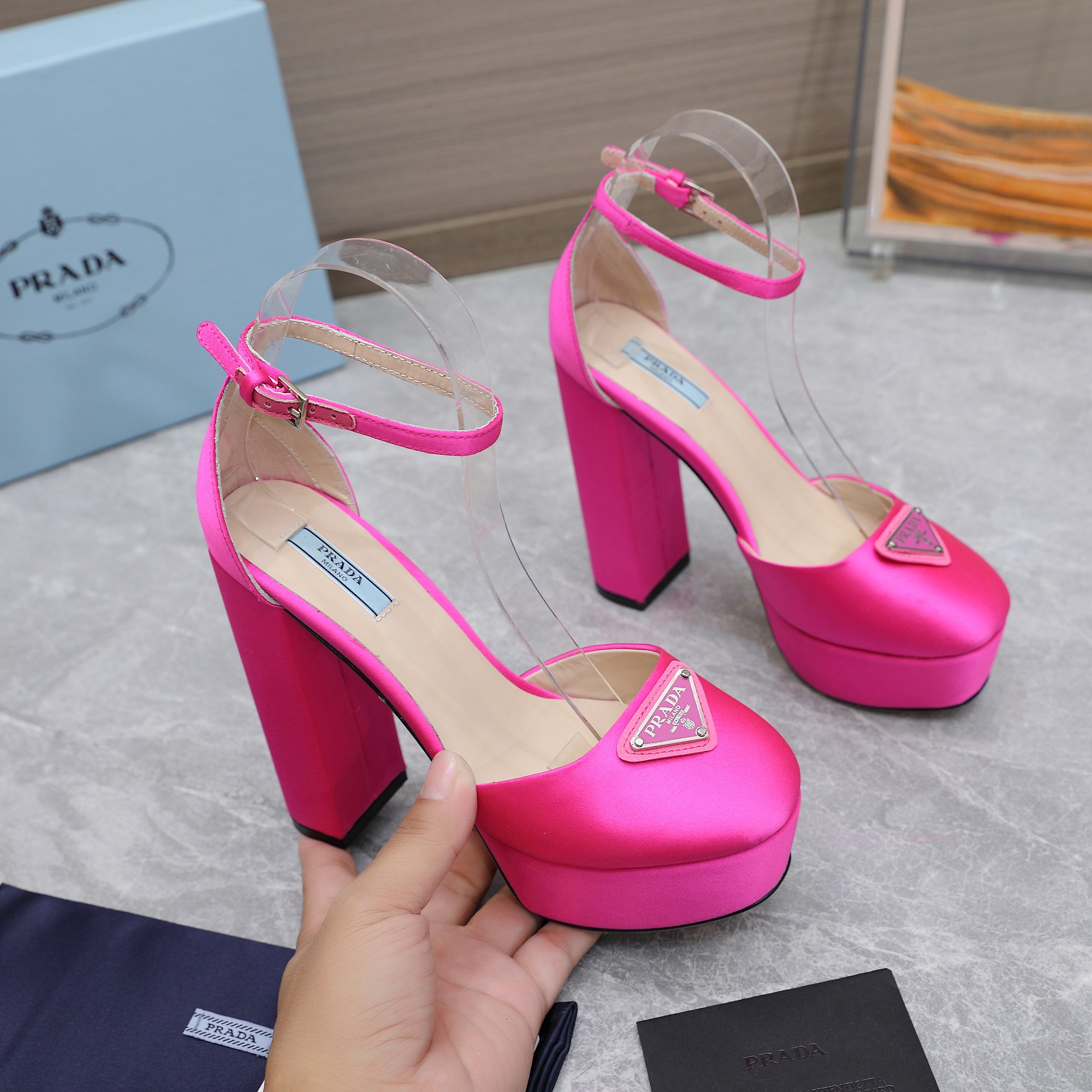 Prada Hot Pink Silk Platform Heels Ankle Strap Dress Shoes 1 Prada Hot Pink Silk Platform Heels Ankle Strap Dress Shoes