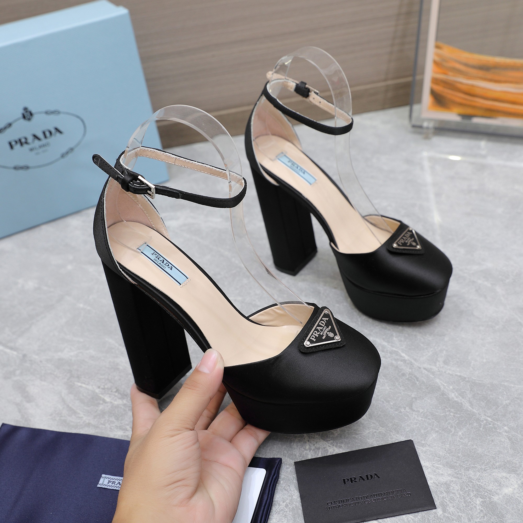 Prada Women's Black Silk Platform Heel Sandals Ankle Strap, Size 35-40 1 Prada Women's Black Silk Platform Heel Sandals Ankle Strap, Size 35-40