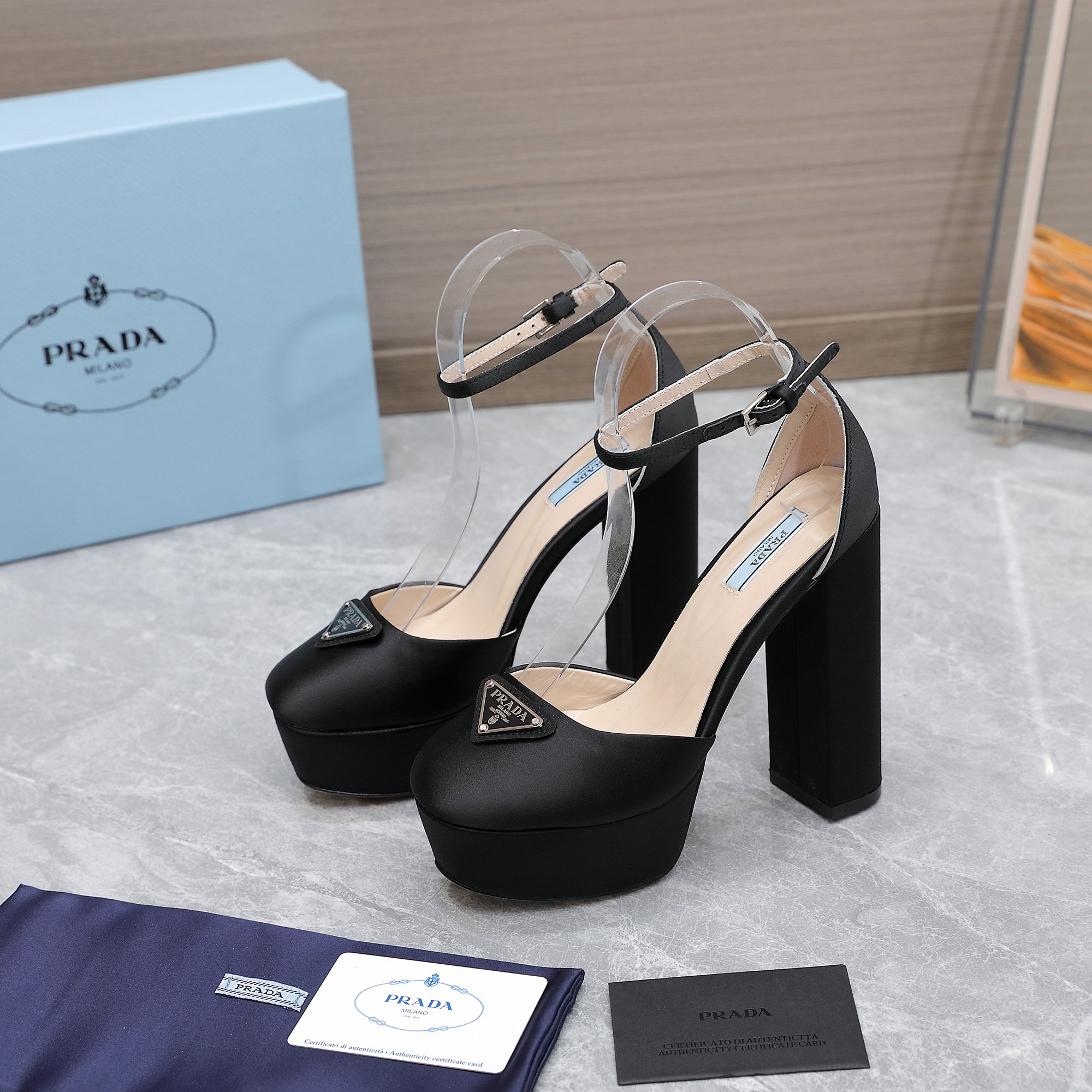 Prada Women's Black Silk Platform Heel Sandals Ankle Strap, Size 35-40 8 a1669999144704 6115