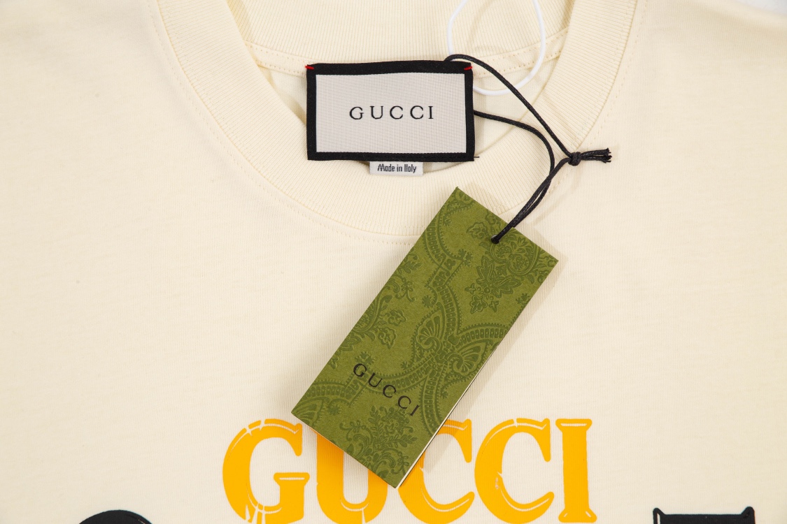 Gucci 古驰 红绿条纹方块拼色字母做旧设计感经典印花圆领短袖