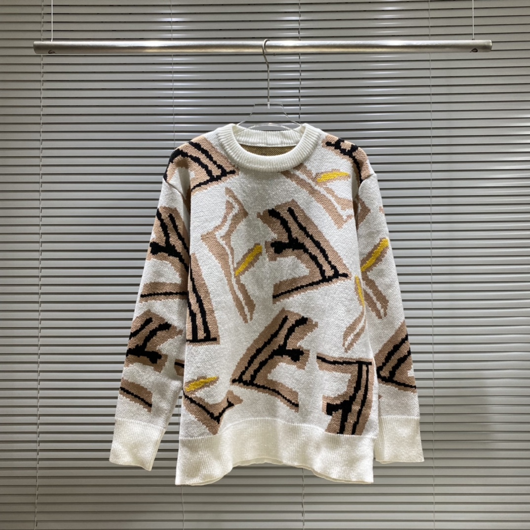 Suéter de cuello redondo de FD con jacquard de doble F en colores en todo el cuerpo, colores: negro, albarico…