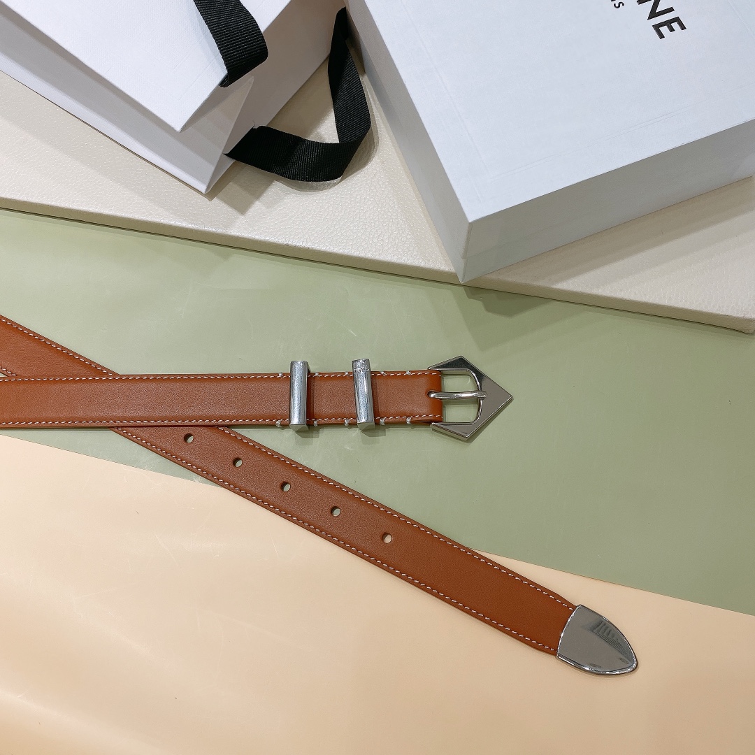 [Celine Belts]2.5cm Cline smooth cowhide leather with ELEGANT belt. Gold. Sil