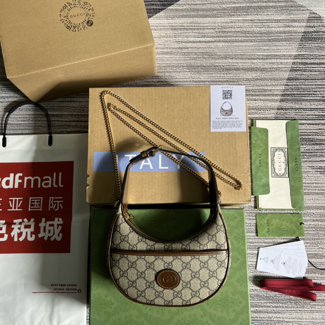 GUCCI сумка-полумесяц мини GG Supreme канвас с кожаной биркой Double G, металлическая цепочка-плечевой ремень, регулируемая ручка, застежка-молния — высшее качество