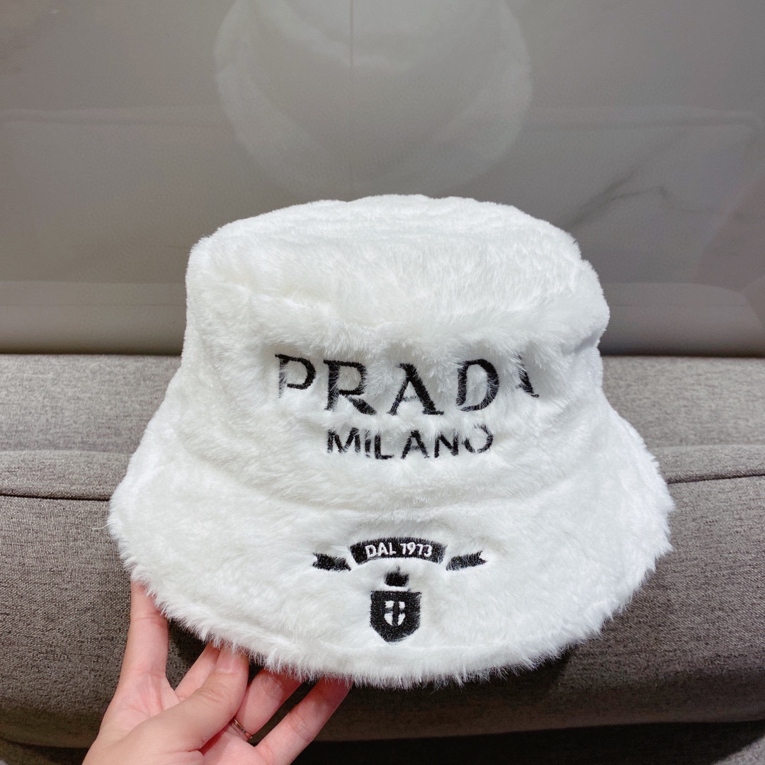 Prada Hats Bucket Hat Black White Rabbit Hair Fall/Winter Collection