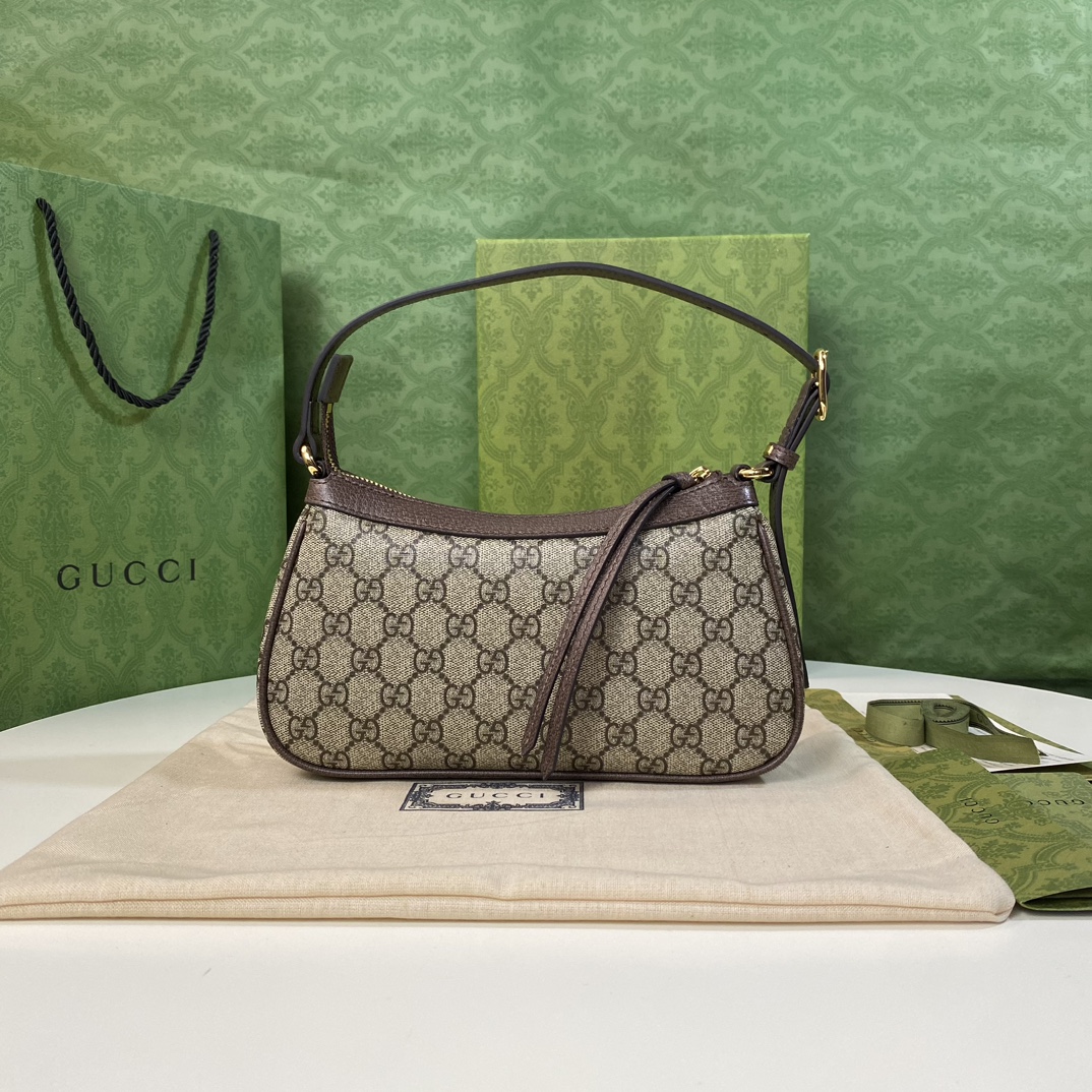 Gucci 735145 Beige Ebony GG Supreme with brown leather trim W25xH15xD6 5cm shoulder everyday