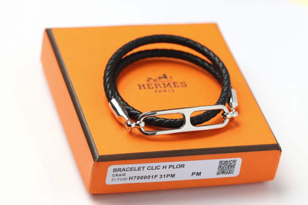 Hermes Roulis Jewelry Bracelet Black Silver Weave Unisex Hardware Fashion
