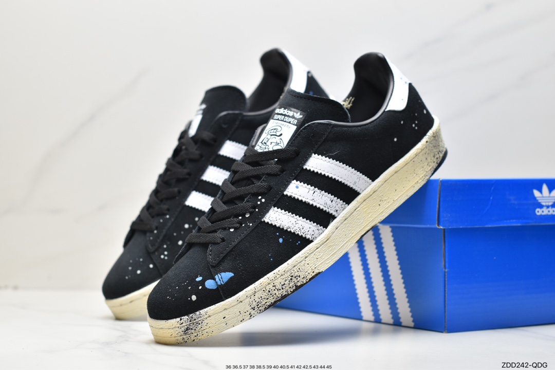 Atmos x Adidas Originals Campus 80s Academy Series Classic Retro Low Top Versatile Casual Sports Shoes ”Frosted Black and White” FX5438