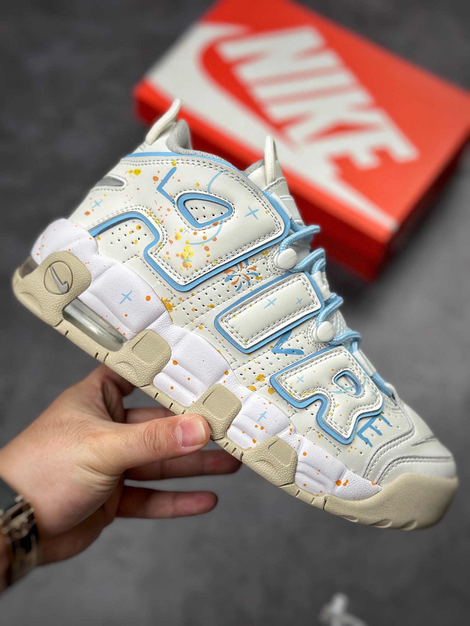 Air More Uptempo white and blue fireworks splash ink DM1023-001