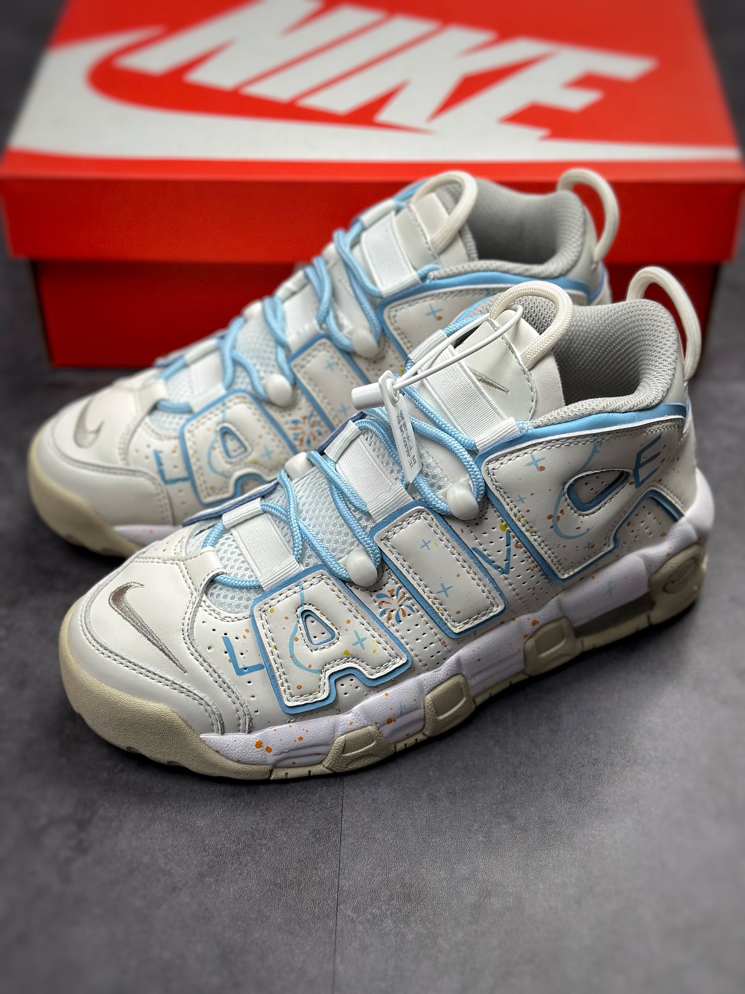 Air More Uptempo white and blue fireworks splash ink DM1023-001