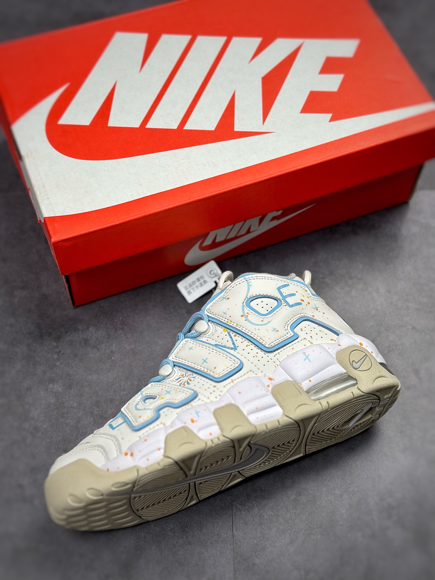 Air More Uptempo white and blue fireworks splash ink DM1023-001