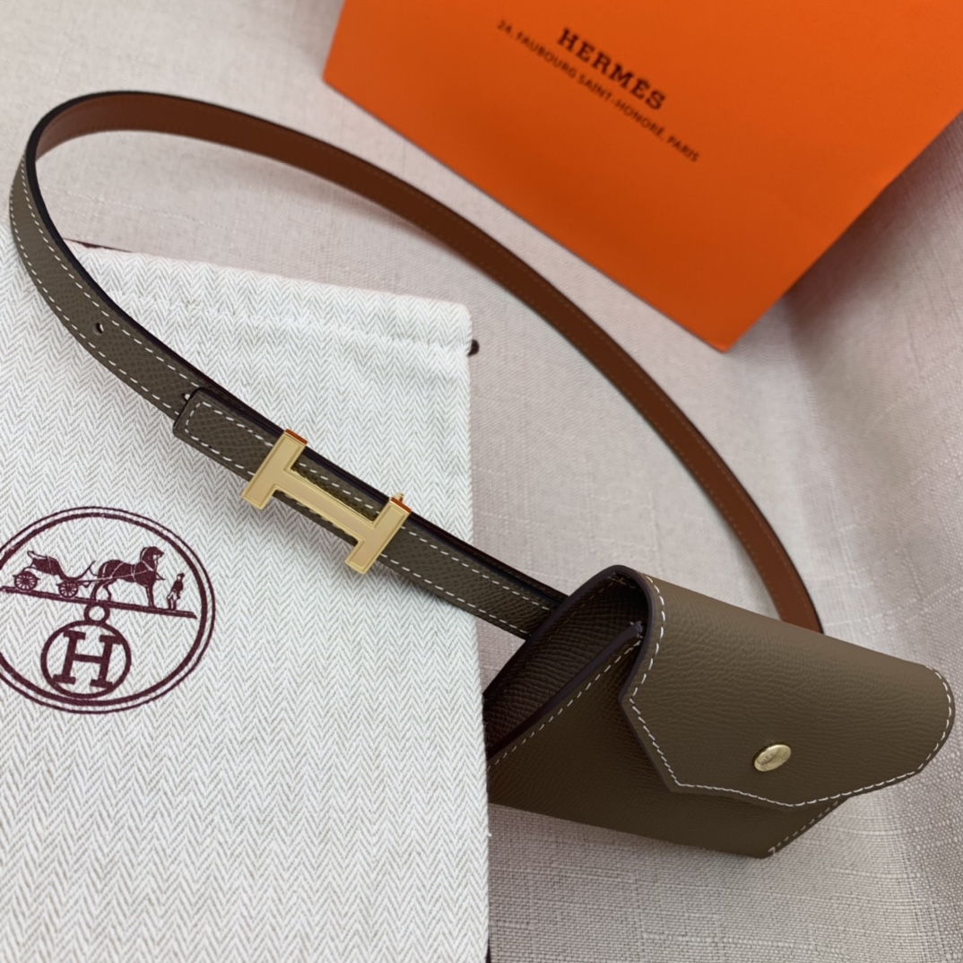 PEQ Hermès 爱马仕女款细腰带腰包  原单品质  进口头层牛皮手掌纹配小牛皮底  双面可用  灰土黄 mm宽 搭配H亮金/银扣 