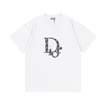 Dior Clothing T-Shirt Black White Embroidery Unisex Cotton Short Sleeve