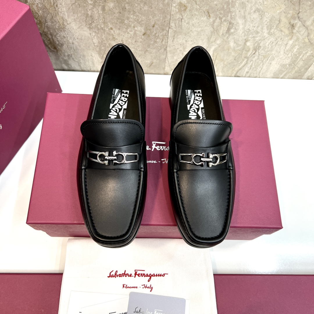 Ferragamo Men's Black Leather Loafers with Silver Hardware, Sizes 39-44 1 Ferragamo Men's Black Leather Loafers with Silver Hardware, Sizes 39-44