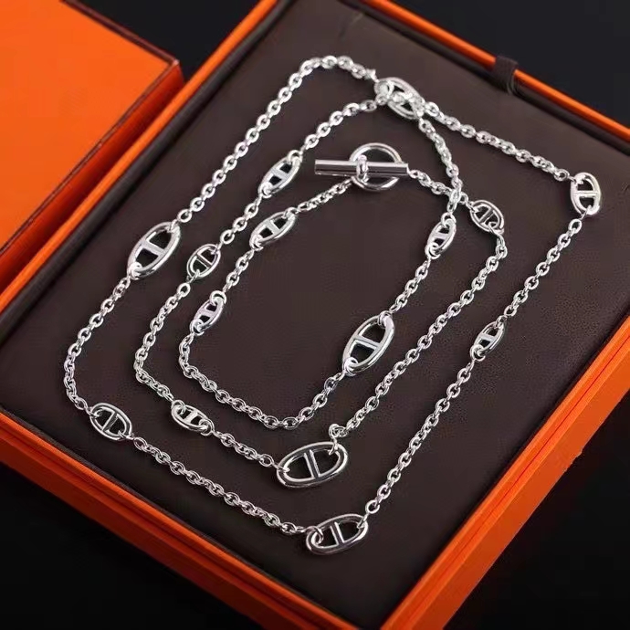 Colar Hermes Chaine d Ancre Farandole metal prateado sem pedras preciosas 160 cm