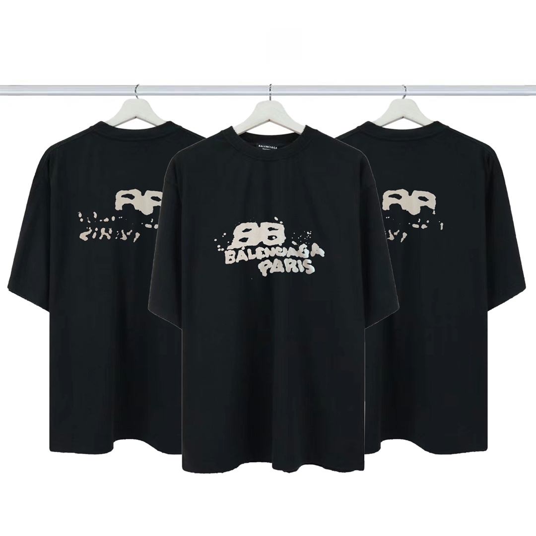 Replicas
 Balenciaga AAAA
 Clothing T-Shirt Black Doodle Printing Combed Cotton Short Sleeve