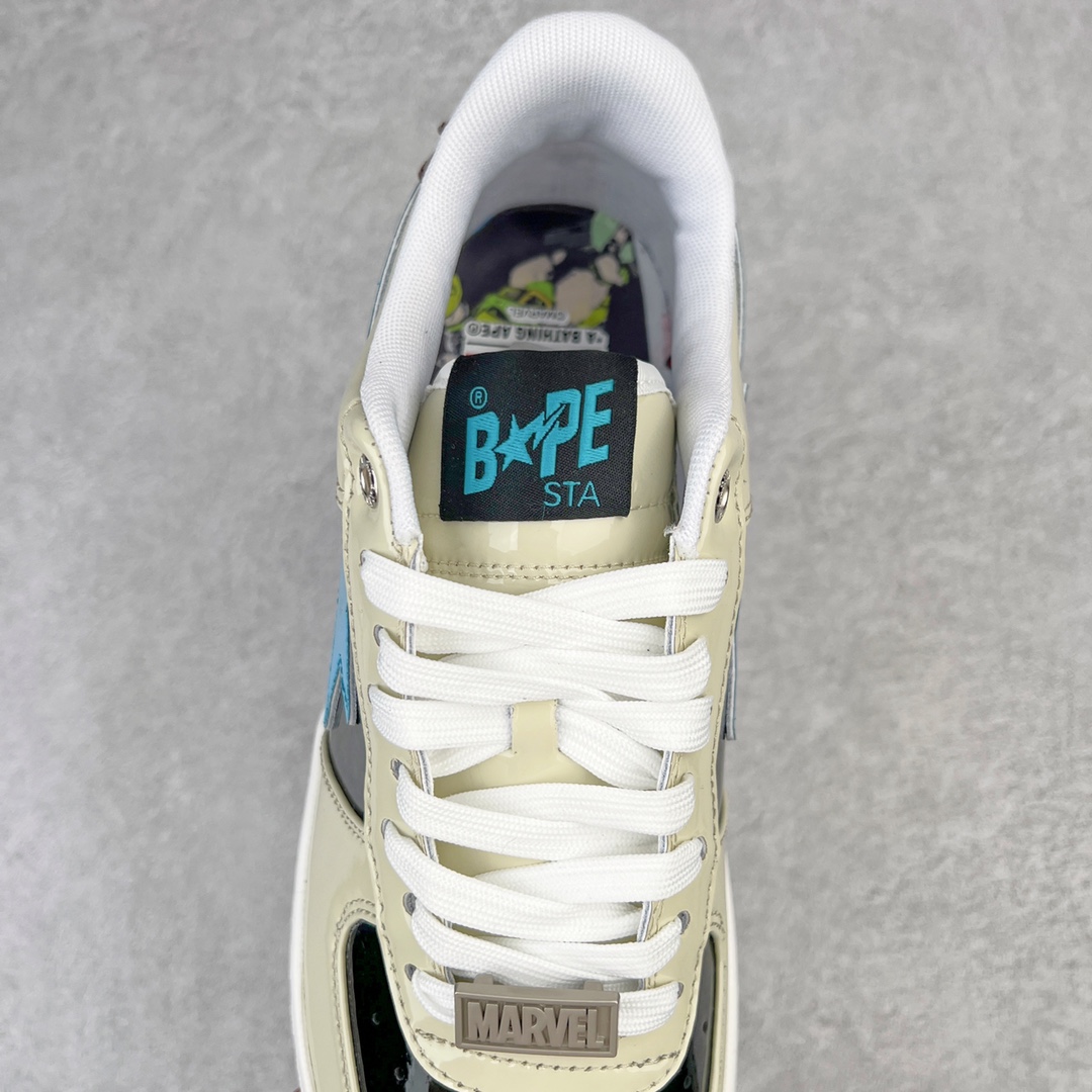 图片[5]-＃C版纯原 Marvel x Bape Sta To Low 猿人头经典低帮运动休闲板鞋 漫威超级英雄联名 钢铁侠、美队、绿巨人、黑寡妇、雷神、浣熊 全套原纸板楦头开发 确保原汁原味 市场最完美低趴版型 一比一鞋头弧度高度鞋身弧度 外贸平台指定订单 匠心打造 开发时长超过半年 独家私模磨具冲刀加持 原厂特供皮料光泽色卡零偏差 内里均采用市场最好的超软原厂填充棉 原数据进口机台高频印压LOGO 最高QC检验标准 控制溢胶瑕疵 深浅定位均保持zp一致 中底嵌入Ortholite缓震材质 全套原包装 包含猿人logo 定制防尘袋 尺码：36 36.5 37 38 38.5 40 40.5 41 42 42.5 43 44 44.5 45 46-选品中心