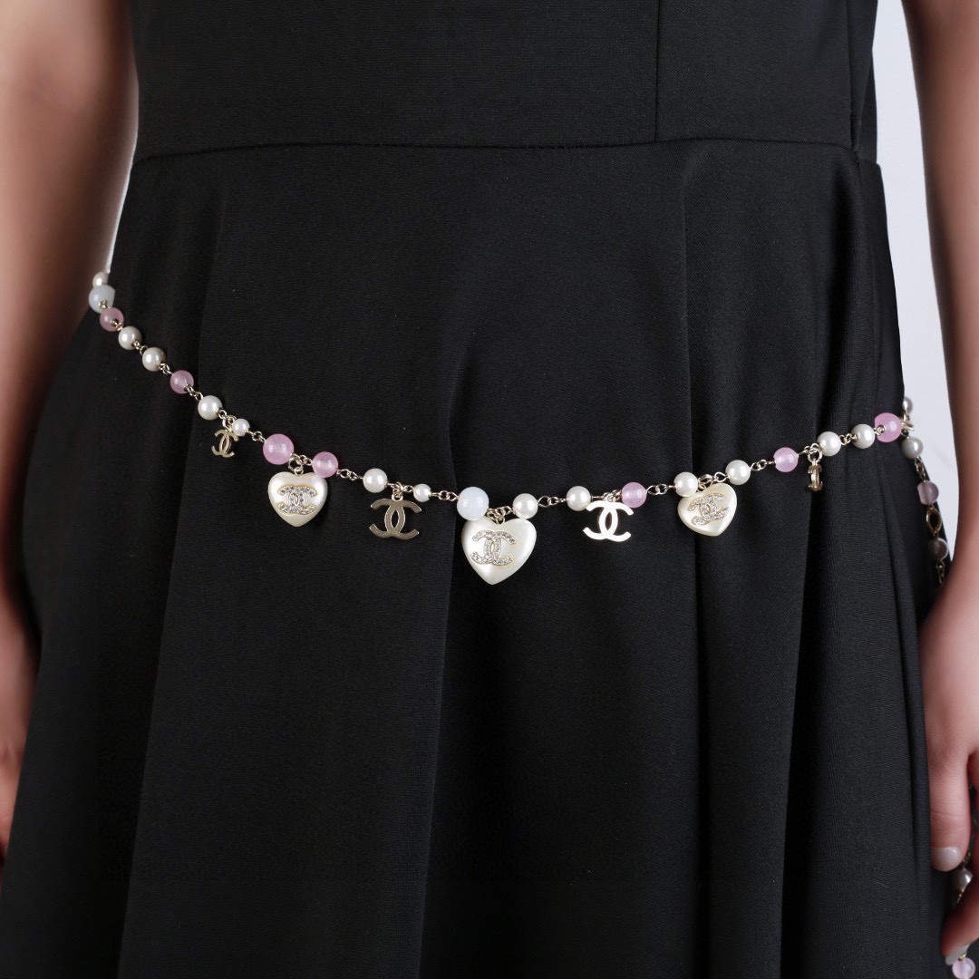 Chanel CC Heart Pearl Bead Long Chain necklace Gold-tone metal white faux pearl pink translucent bead white resin heart charm with crystal CC logo 80cm