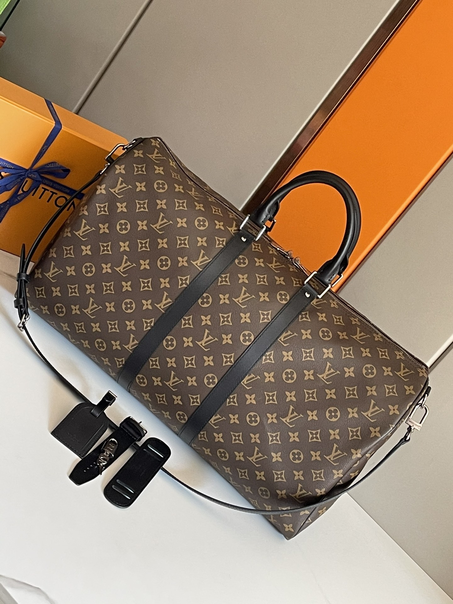 Louis Vuitton LV Keepall Travel Bags Black Grey Silver All Steel Monogram Eclipse Canvas Cotton Cowhide M56713